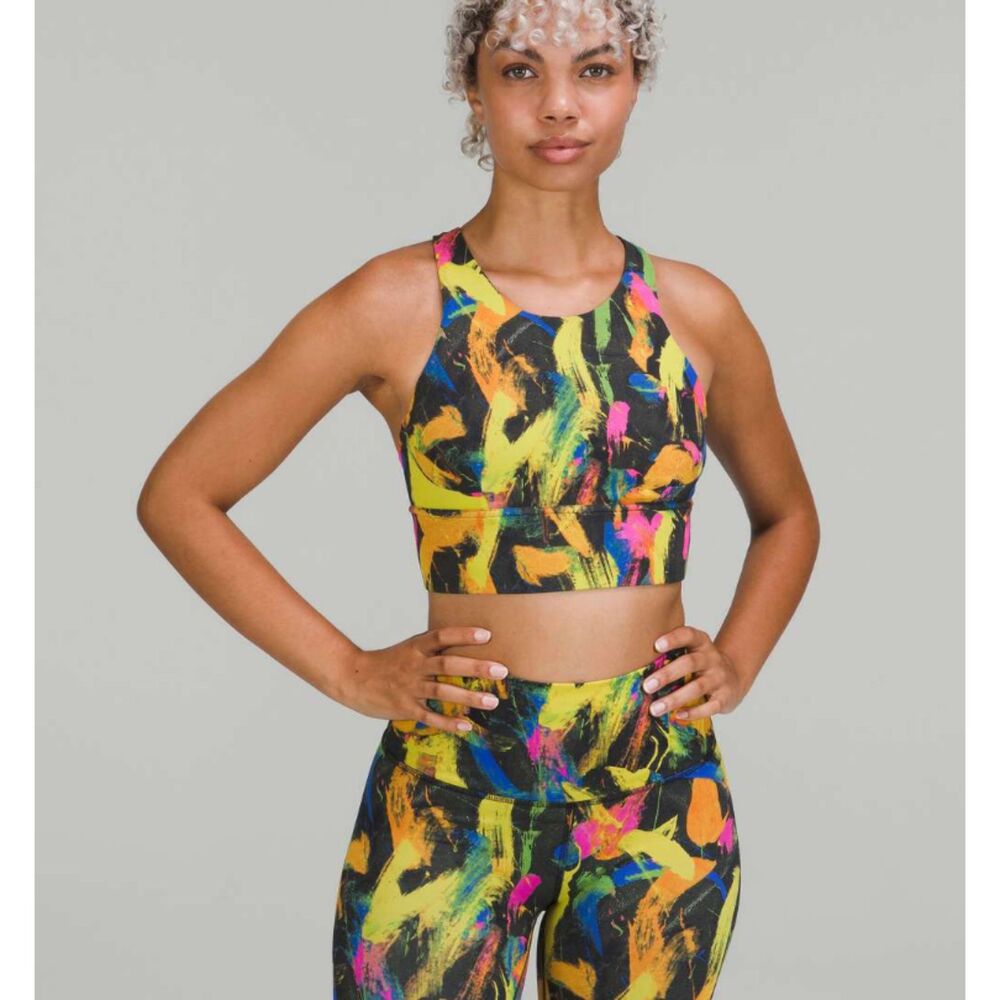 NWOT LULULEMON Wunder Train Longline Bra Undertone Black Multi Neon Womens 4